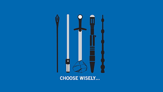 sword illustration, untitled, The Lord of the Rings, Star Wars, Excalibur, Harry Potter, Doctor Who, weapon, minimalism, blue background, humor, military, war, movies, sword, HD wallpaper HD wallpaper