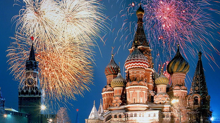 Червен площад, Москва, Русия, навечерието на Нова година, град, забележителност, фойерверки, туристическа атракция, небе, нова година, събитие, HD тапет
