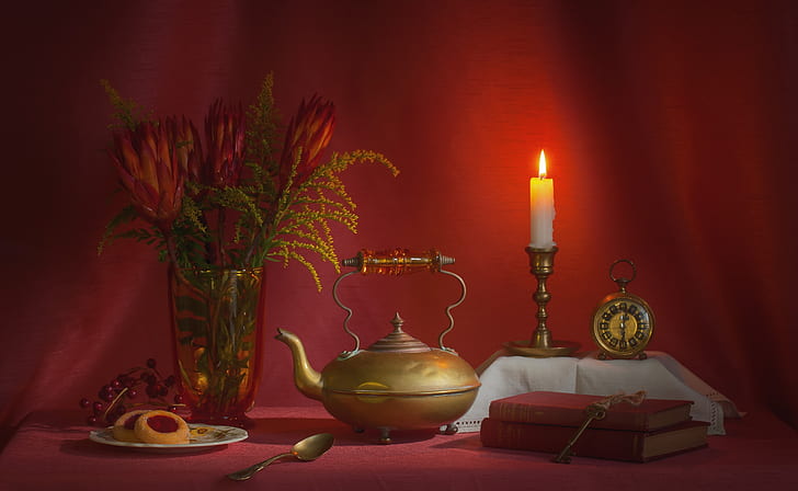 red, watch, books, candle, bouquet, kettle, cake, still life, keys, HD wallpaper