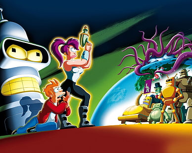 илюстрация на анимационни герои, Futurama, Bender (Futurama), Fry (Futurama), Leela (Futurama), HD тапет HD wallpaper