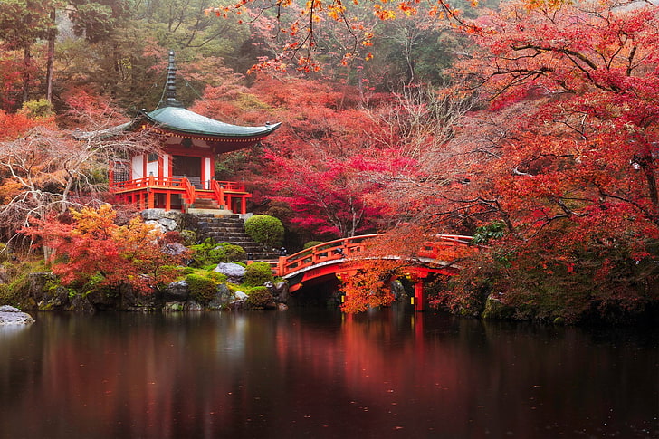 Tempel, Daigo-ji, Bridge, Fall, Japan, Kyoto, Natur, Pagoda, Park, Damm, Träd, HD tapet