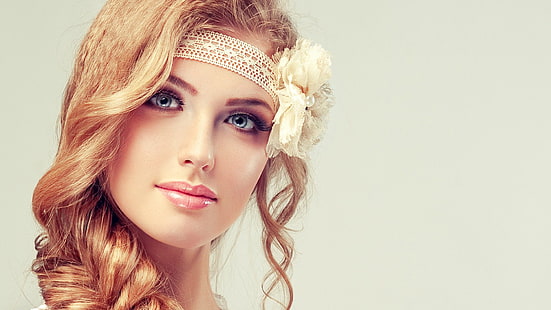 women, model, blonde, blue eyes, face, simple background, head band, HD wallpaper HD wallpaper