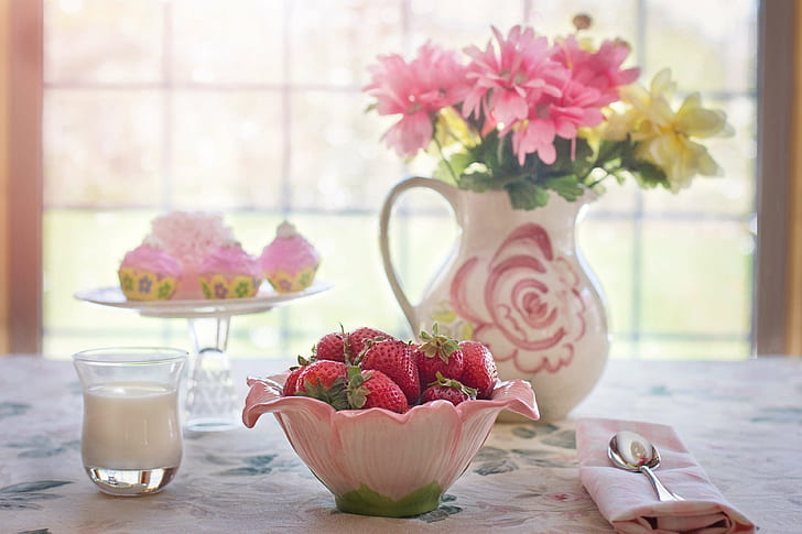 breakfast, cream, decoration, dessert, fruit, interior decoration, strawberries, summer, HD wallpaper