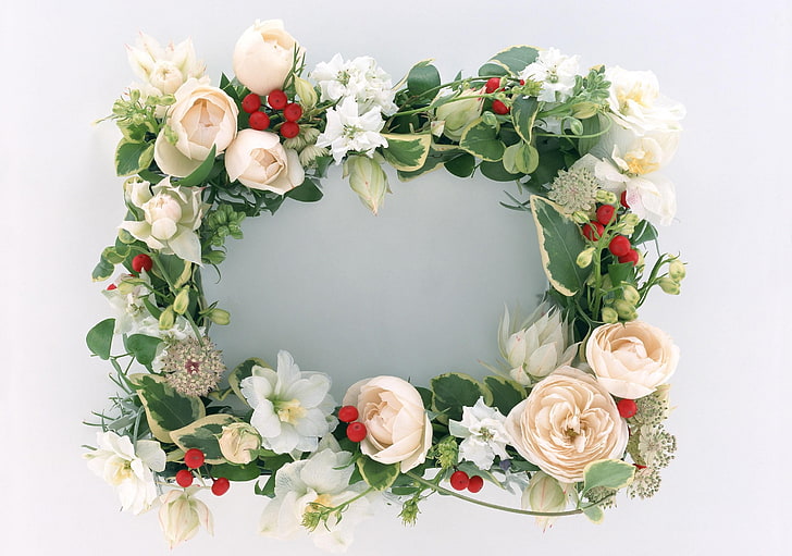 white flowers wreath, roses, flowers, berries, leaves, herbs, wreath, composition, HD wallpaper