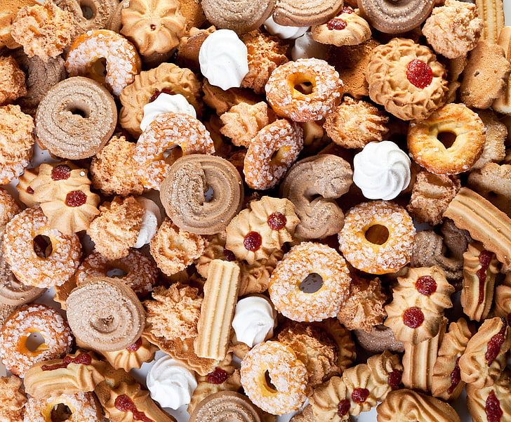 Bündel von Keksen, Churros und Donuts, Hintergrund, Backwaren, Kekse, Süßigkeiten, HD-Hintergrundbild