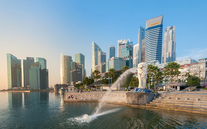 Fontana Merlion, Marina Bay, Singapore, Fontana Merlion, Marina Bay, Singapore, fontana, baia, banchina, scale, edifici, grattacieli, Sfondo HD