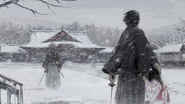 Japon, samouraï, katana, kimono, neige, hiver, neige, art fantastique, Fond d'écran HD