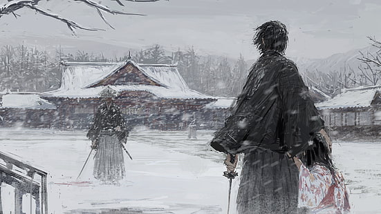 Япония, самураи, катана, кимоно, сняг, зима, сняг, фентъзи изкуство, HD тапет HD wallpaper