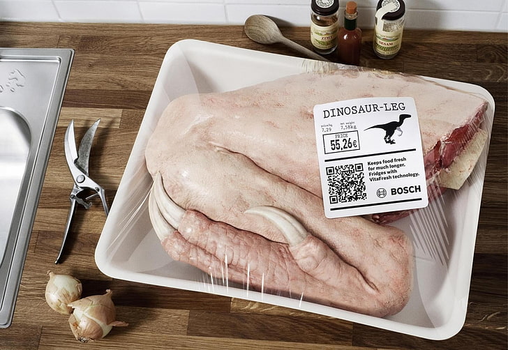 Bosch opakowanie na mięso z nogi dinozaura, dinozaury, mięso, humor, czarny humor, jedzenie, kuchnia, Tapety HD