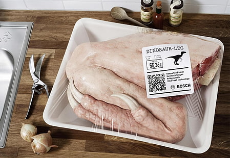 Bosch dinosaur-leg meat pack, dinosaurs, meat, humor, dark humor, food, kitchen, HD wallpaper HD wallpaper