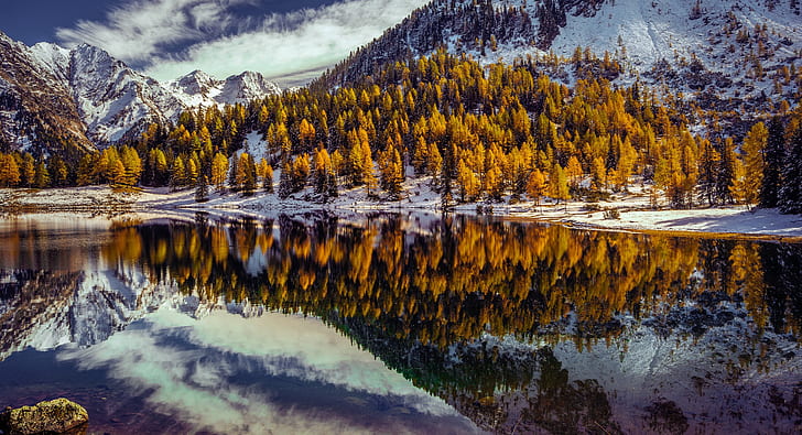 trees, mountains, lake, reflection, Austria, Alps, Styria, Within the schladminger Tauern, Lake Guisinger, Duisitzkar Lake, HD wallpaper