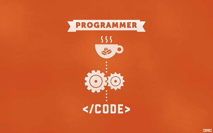 tapeta programisty, HTML, kod, kawa, programiści, minimalizm, pomarańczowe tło, Tapety HD