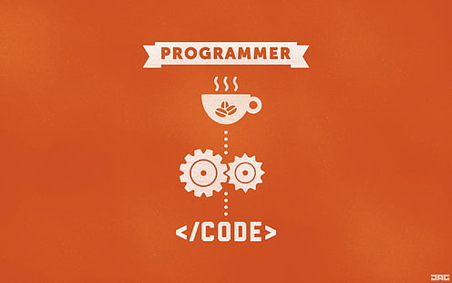 sfondo programmatore, HTML, codice, caffè, programmatori, minimalismo, sfondo arancione, Sfondo HD HD wallpaper