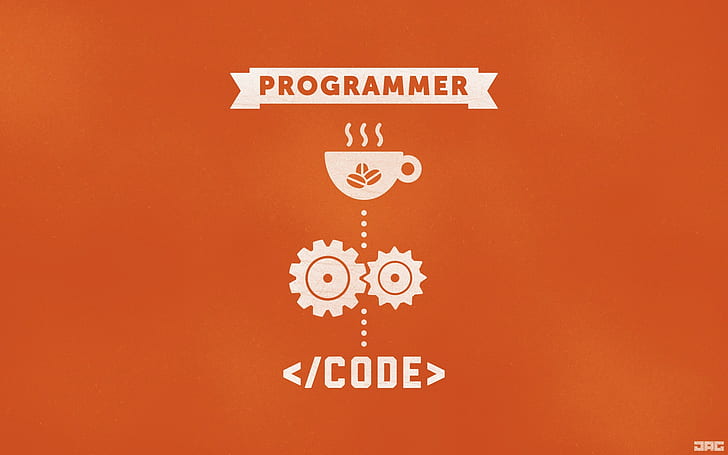programmer, latar belakang oranye, kode, HTML, minimalis, kopi, Wallpaper HD