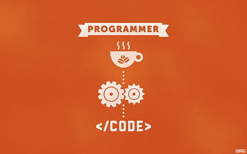 programadores, fondo naranja, código, HTML, minimalismo, café, Fondo de pantalla HD HD wallpaper