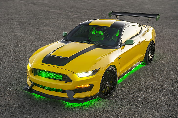 Ford Mustang Shelby GT500, giallo, luci al neon, automobili, veicolo, Sfondo HD