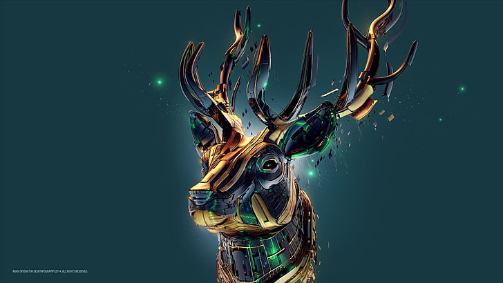 stag illustration, Desktopography, digital art, deer, reindeer, teal, Adam Spizak, HD wallpaper