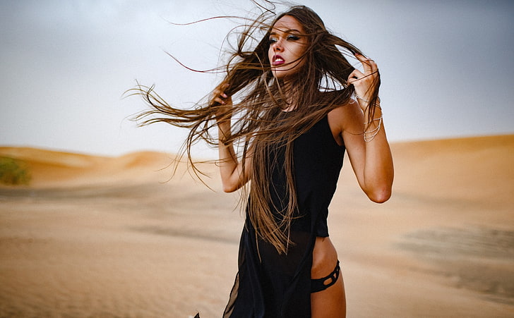 sand, mood, the wind, desert, model, hair, Natali Danish, HD wallpaper
