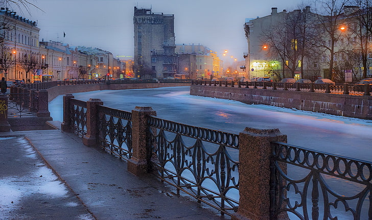 brown metal bridge, Winter, The evening, Peter, River, Saint Petersburg, Russia, SPb, St. Petersburg, Leningrad, Piter, Peterburg, HD wallpaper