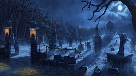 Oscuro, cementerio, cementerio, luz de la luna, tumba, Fondo de pantalla HD HD wallpaper