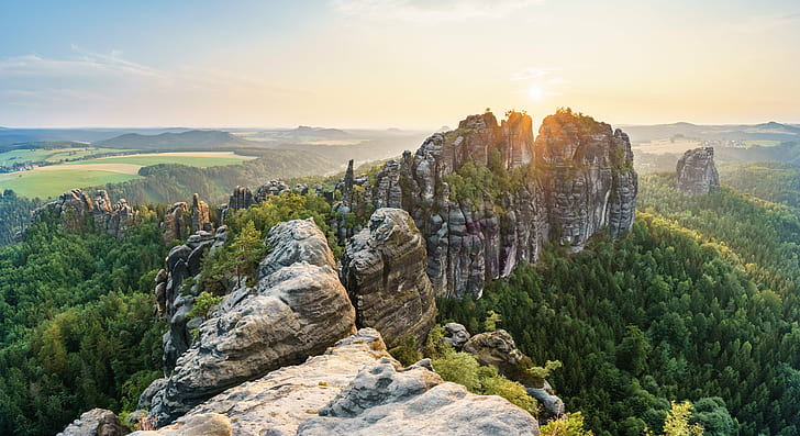 panorama photography of rock mountains surrounded by trees, Wonderwall, Explore, panorama photography, rock, mountains, trees, Schrammsteine, Landscape, Nature, Outdoor, Natur, Summer, Elbsandsteingebirge, Sachsen, Sunset, Sony, Sächsische-Schweiz, Sommer, a6000, Felsen, mountain, scenics, rock - Object, outdoors, hill, forest, valley, travel, sky, HD wallpaper