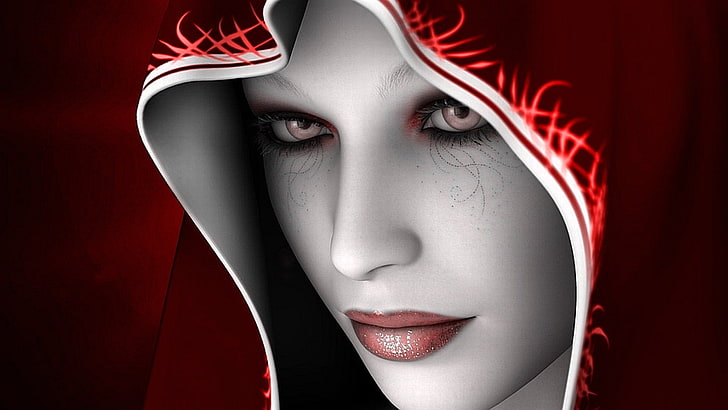 Nahaufnahmefoto des Frauencharakters mit rotem Schleier, Fantasiemädchen, 3D, übertragen, Gesicht, CGI, Fantasiekunst, HD-Hintergrundbild