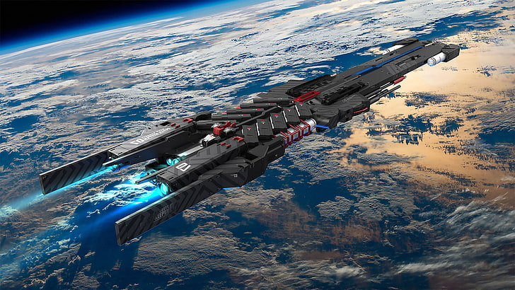 черен космически кораб, научна фантастика, космос, космически кораб, HD тапет