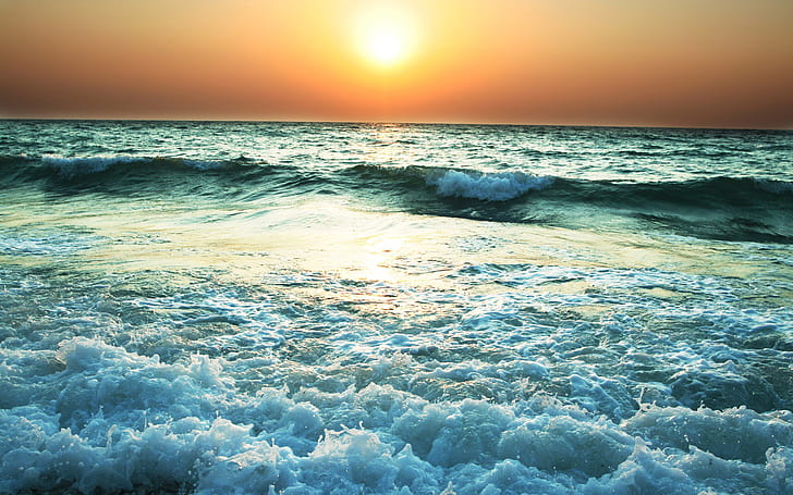 Olas del mar, puesta de sol, Fondo de pantalla HD