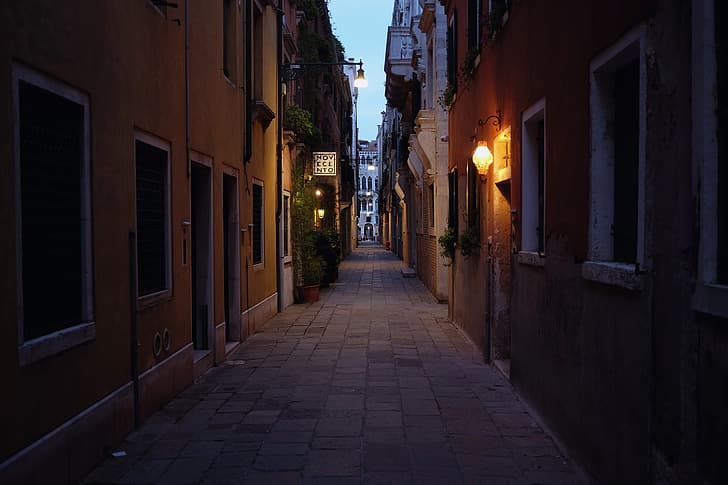 夕方, ライト, ストリート, イタリア, ヴェネツィア, 夕方、イタリア、 HDデスクトップの壁紙