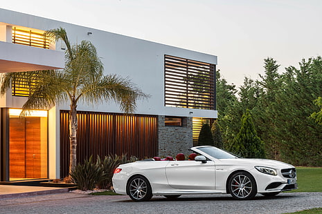 Mercedes-Benz, S63, białe kabriolet coupe, biały, AMG, palm, dom, Mercedes-Benz, kabriolet, 2015, klasa S, S63, A217, mercedes, Tapety HD HD wallpaper