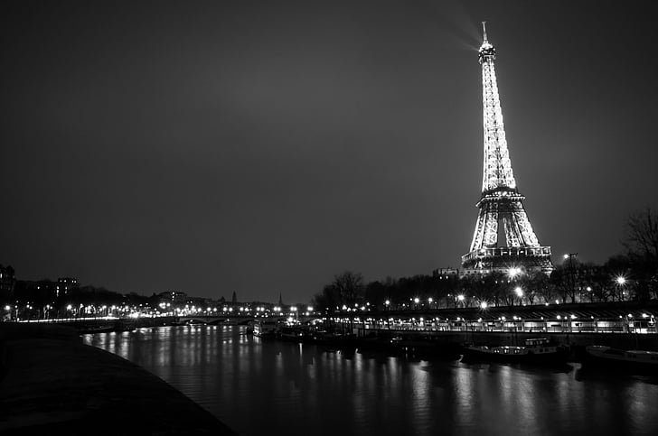 Städer, Paris, svartvitt, stad, Eiffeltornet, Frankrike, ljus, natt, flod, HD tapet