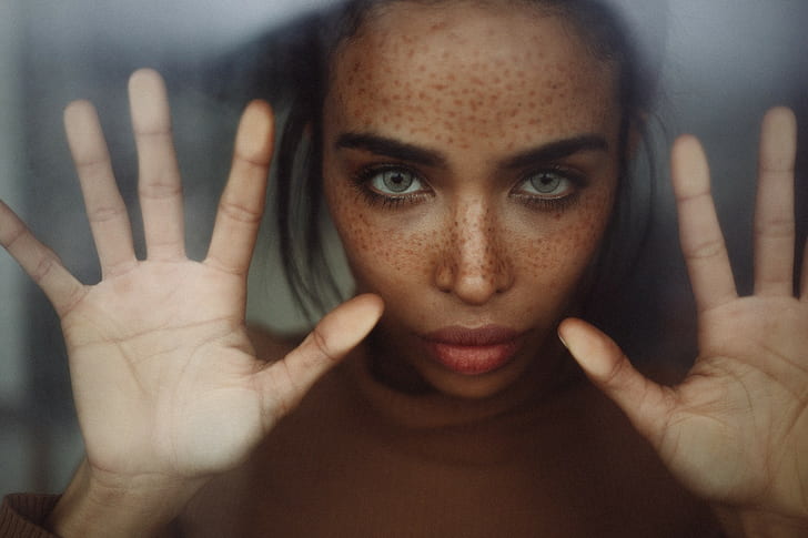 ebony, freckles, glass, portrait, women, face, HD wallpaper