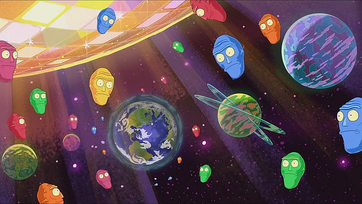 różne ilustracje planet, Rick i Morty, przestrzeń, Tapety HD