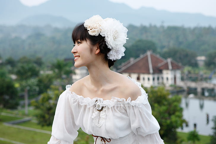 Airi Suzuki, белое платье, на природе, HD обои