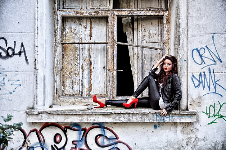 jendela, model, wanita, sepatu hak tinggi, Wallpaper HD