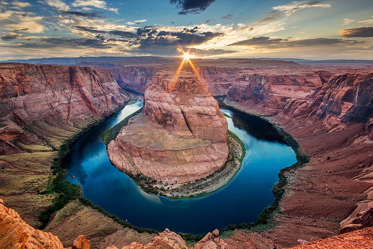 rock formation, the sky, the sun, clouds, rays, river, Colorado, canyon, AZ, USA, state, Horseshoe (Horseshoe Bend), HD wallpaper
