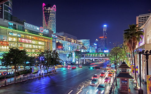 Таиланд, Бангкок, город ночью, улицы, фонари, автомобили, Таиланд, Бангкок, город, ночь, улицы, фонари, автомобили, HD обои HD wallpaper