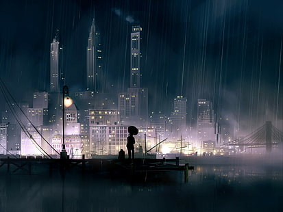 anime girls, anime, night, rain, city, cityscape, HD wallpaper HD wallpaper