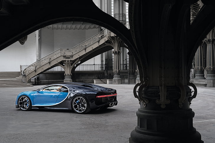 синьо и черно Bugatti Chiron купе, bugatti, chiron, страничен изглед, HD тапет