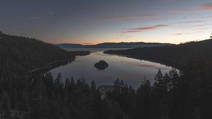 reflexão, natureza, crepúsculo, lago, paisagem, Emerald Bay State Park, Emerald Bay, State Park, madrugada, manhã, Califórnia, Estados Unidos, Lake Tahoe, ilha, Fannette Island, HD papel de parede
