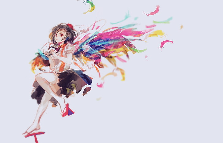 gadis anime, latar belakang sederhana, sayap, bulu, Touhou, Shameimaru Aya, mata merah, Wallpaper HD