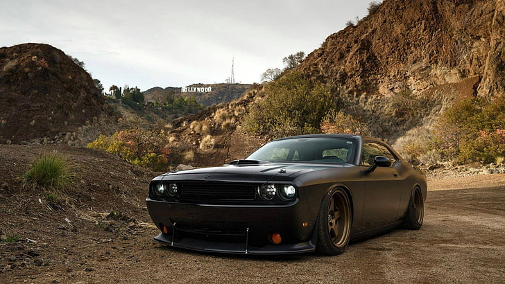 svart Dodge Challenger coupe, bergen, Tuning, Dodge, Hollywood, Challenger, landskap, Muscle Car, HD tapet