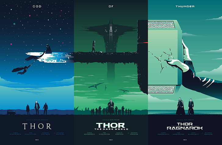 Tapeta Thor, fikcja, kolaż, młotek, plakat, sztuka, postacie, filmy, komiks, Thor, fan art, MARVEL, trylogia, bóg piorunów, Thor: The Dark World, Thor: Ragnarok, Tapety HD