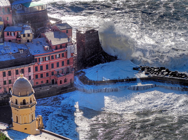 Italy, coast, storm, waves, Vernazza, HD wallpaper