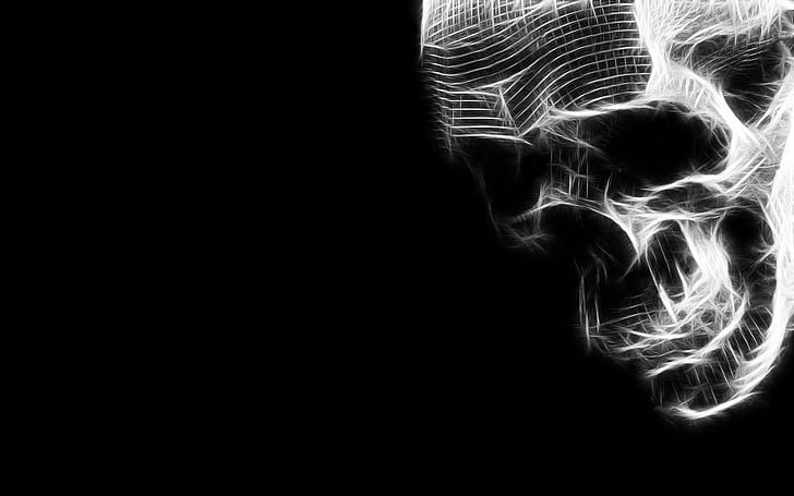 Fractal Skull, skull, cool, black, fractal, background, white, 3d and abstract, HD wallpaper